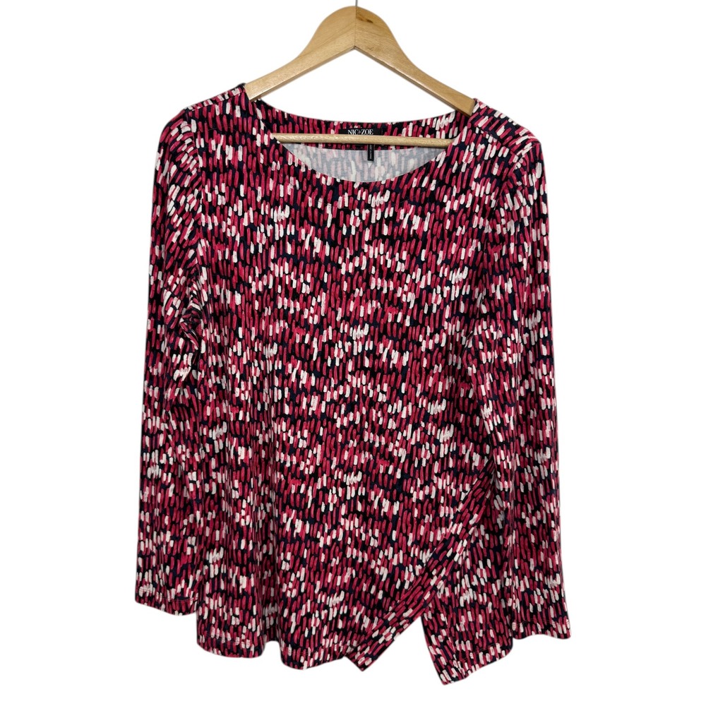 NIC+ZOE Long Sleeve Top Red Abstract‎ Dash Asymmetrical Wrap Hem Stretch Large